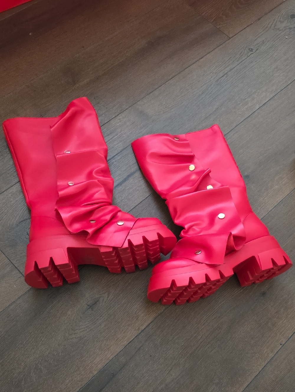 Azalea Wang Akira Red Chunky Platform Mid-Calf Boots